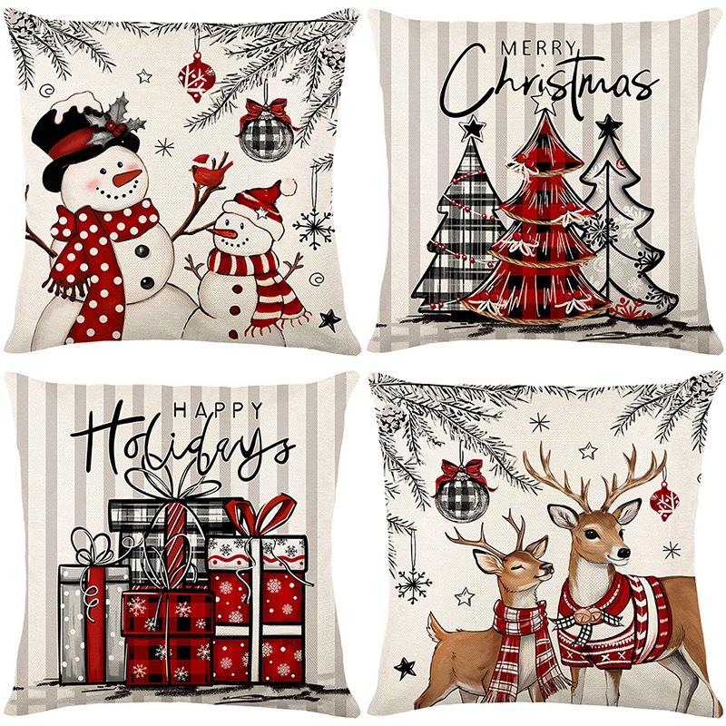 Christmas Theme Short Plush Pillow Cover Set Holiday Print Cushion Case for Living Room Sofa Home Decor 45x45cm