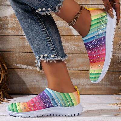 Modische Strick-Ballerinas mit Blumendruck für Damen Übergröße Glänzende Kristalle Atmungsaktive Mesh-Loafer Frau 2024 Herbst Slipper Laufschuhe