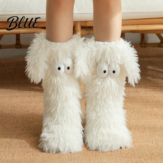 Soft Fuzzy Socks for Sleeping 2 Pairs Cute Big Eye Monster Plush Floor Socks Non-Slip Cozy Thermal House Indoor Slipper Women Warm Winter