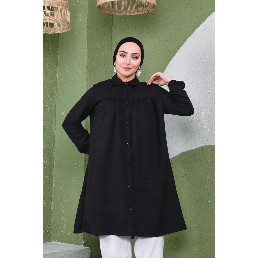 Women's Imported Linen Tunic Shirt With Gathered Front And Elastic Sleeves