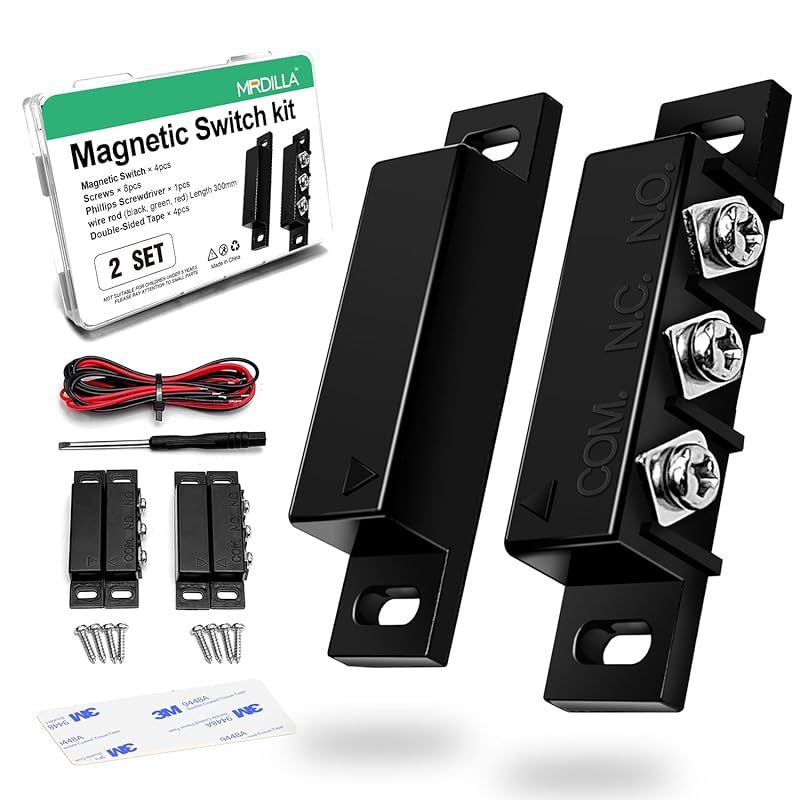 2 Pack Magnetic Reed Switch NO/NC, Wired Surface Mount Door Window Contact Sensor for Security Alarm, Black