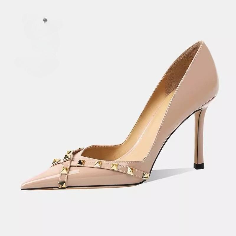 Fashion Fashion Stiletto Single Shoes Autumn New Pointed Toe Shallow Rivet Slip Foot Anti-slip Wear-resistant High Heels