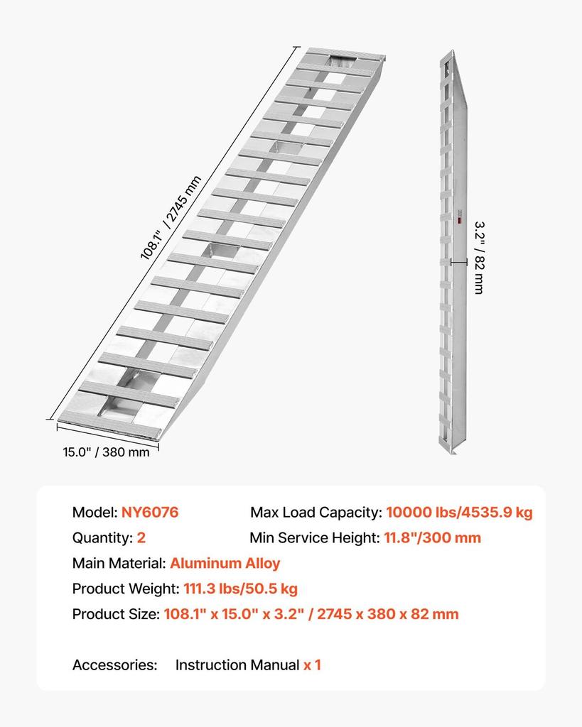 Loading Ramps, 2 Pcs 2745 X 380 Mm, Durable Aluminum and Heavy-Duty Trailer Ramp Set with Anti-Slip Plates, 4535.9 Kg Combined Capacity, for Carts,