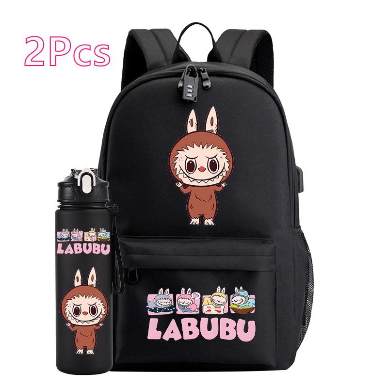 2Pcs/set Cute Canvas Printed Backpack Water Bottle Boy Girl Teen Student Schoolbag Backpack Women Anti-Theft Laptop Travel Bag