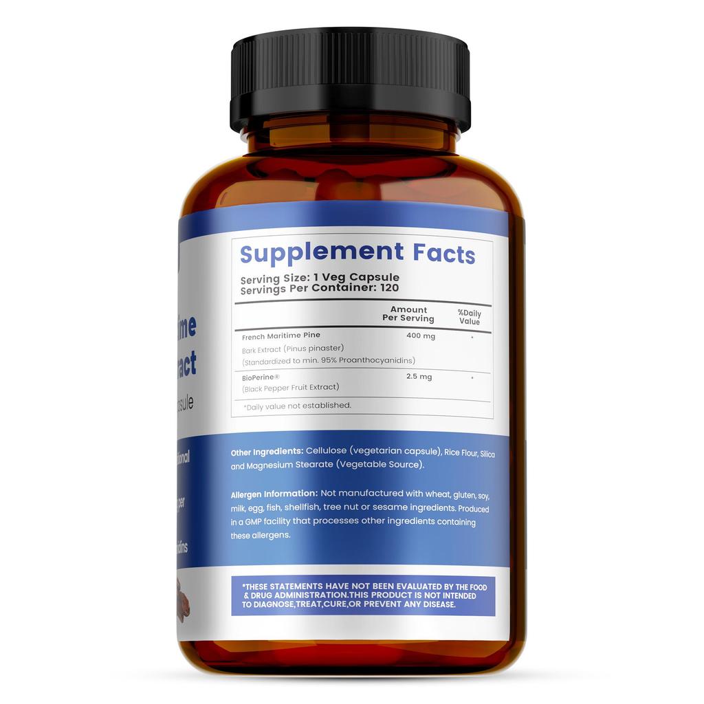 Estratto di Corteccia di Pino Marittimo Francese 400mg per Capsula Vegetale, Bioperina OGM-Free Vegano