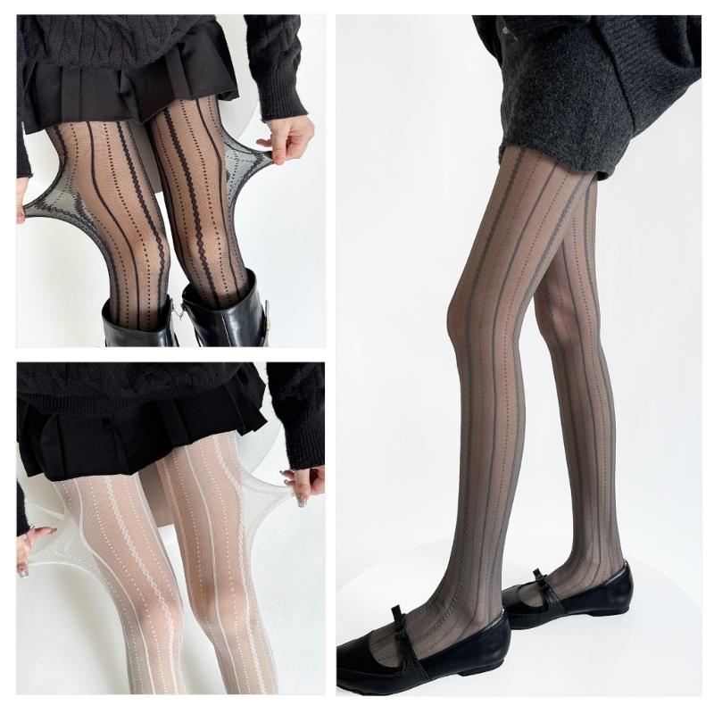 Fashion Women's High Waist Fishnet Pantyhose Elegant Vertical Striped Patterned Breathable Sheer Mesh Tights Stockings