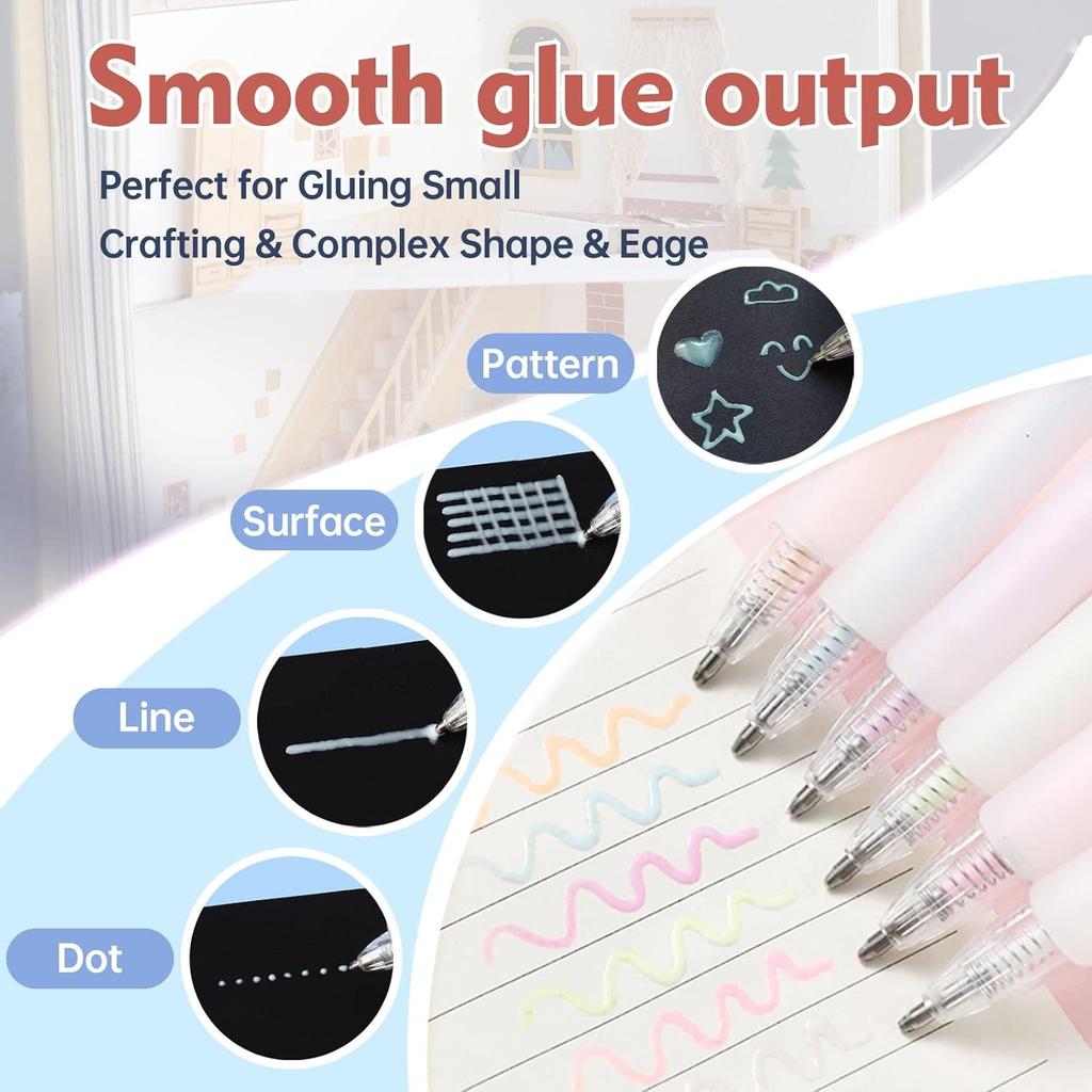 6 Pcs Quick Dry Glue Pens with 12 Refills, Apply Glue Like Writing, Easy Use Precise Control, for Crafting, Scrapbooking, Making
