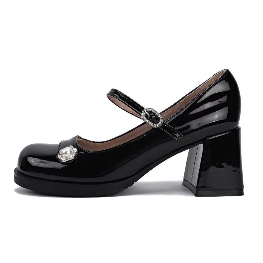 Black Mary Jane single shoes women's 2025 new French daughter style one-word with round head thick heel high heels