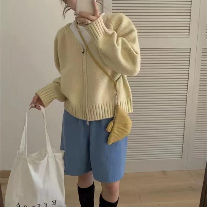 

Свитер-куртка на двойной молнии в стиле колледжа, женский осенний, короткий, с нишевым простым вязаным кардиганом One Size