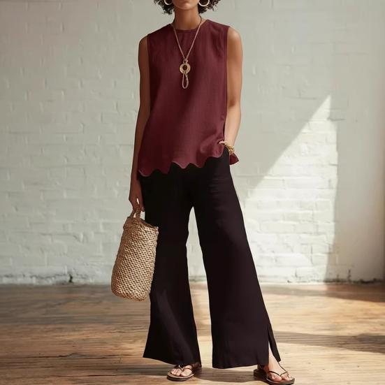 Ärmellose Damen-Tops Atmungsaktives Sommer-Top Lässiges Lockeres Top mit Wellensaum Bequemes Rundhals-Shirt für den täglichen Gebrauch Reisen