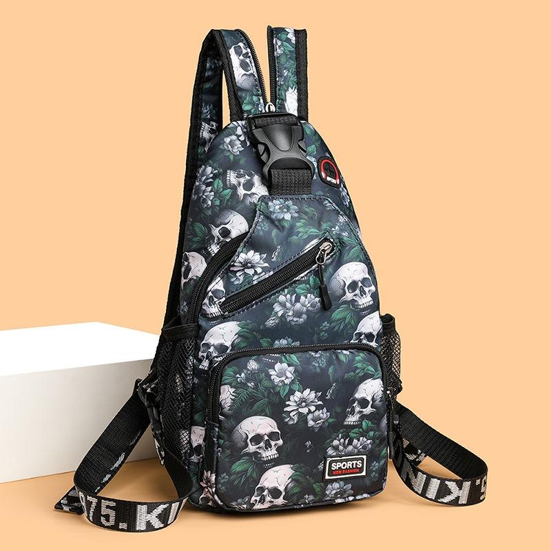Skull Printed Casual Chest Bag Double Strap Headphone Jack Adjustable Shoulder Strap Daily and Work Travel Bag