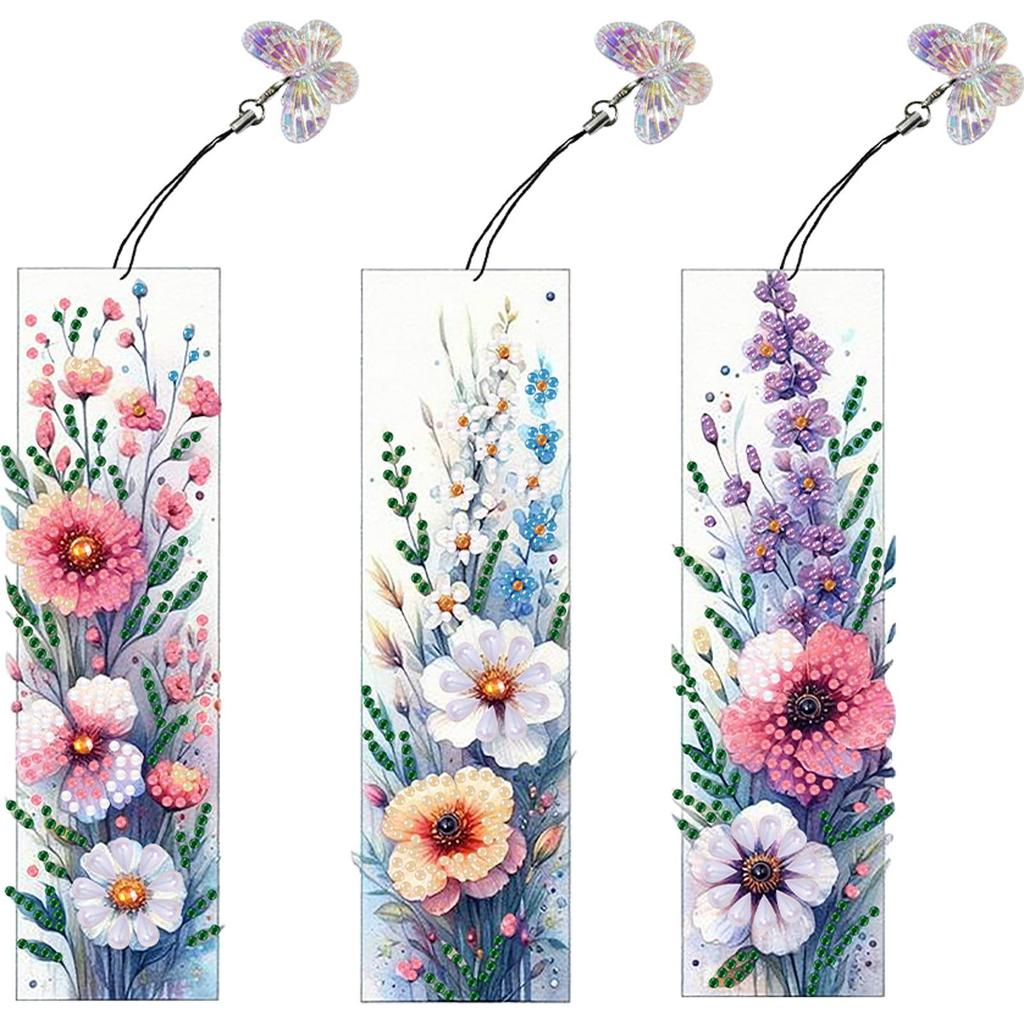 3Pcs Flower Themed DIY Diamond Bookmark Art Projects Diamond Art Bookmark Diamond Painting Art Bookmarks for Reading Enthusiasts