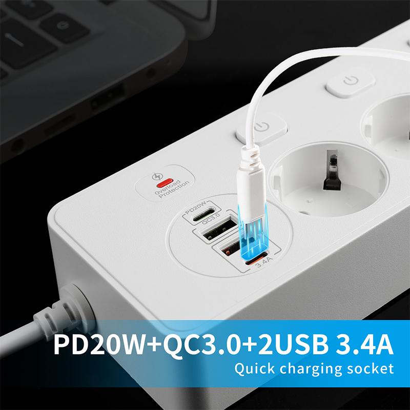 Listwa zasilająca UE gniazdo sieciowe AC Multiprise Smart Home rozszerzenie Adapter elektryczny USB obsługuje PD20W i QC3.0