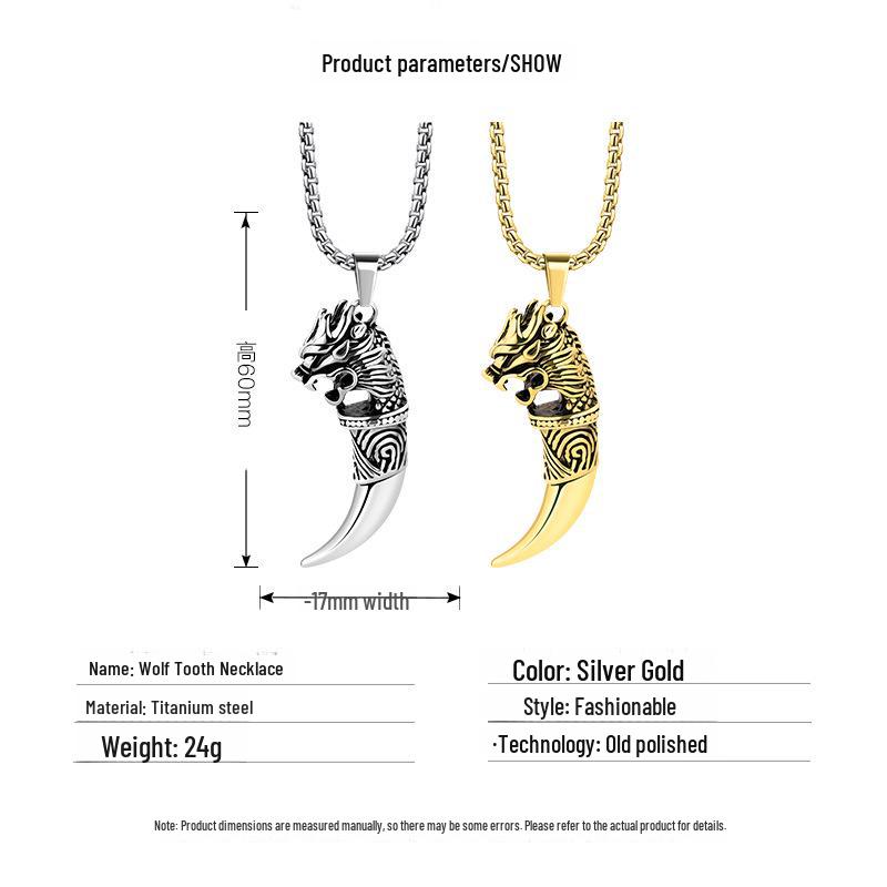 Titanium Steel Wolf Tooth Men's Necklace – Durable, Fade-Resistant Pendant with Retro European & American Hip Hop Style.