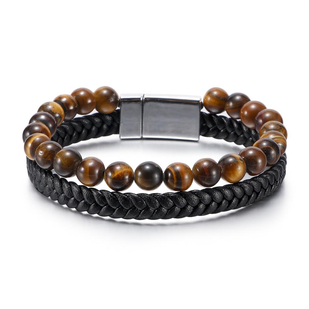 Natural Tiger Eye Stone Bracelet for Men Leather Cord Beaded Wristband Agate Bracelet Male Fashion Jewelry