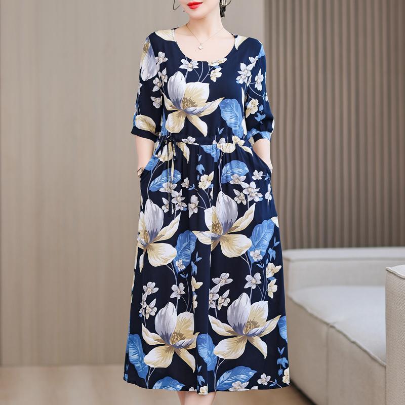 Casual Summer Women's Dresses  Plus Size Half Sleeve Vintage Print Long Dress Female
