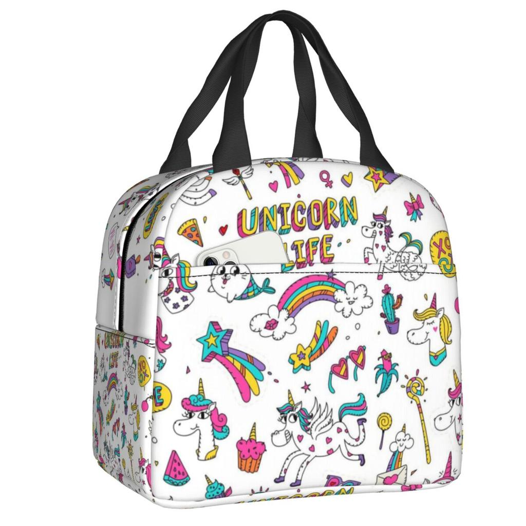 Bonito Unicornio Sentado en la Luna Lonchera Portátil para Mujer Enfriador Impermeable Térmico Aislado para Alimentos Bolsa de Almuerzo para Escolares Niños Estudiantes