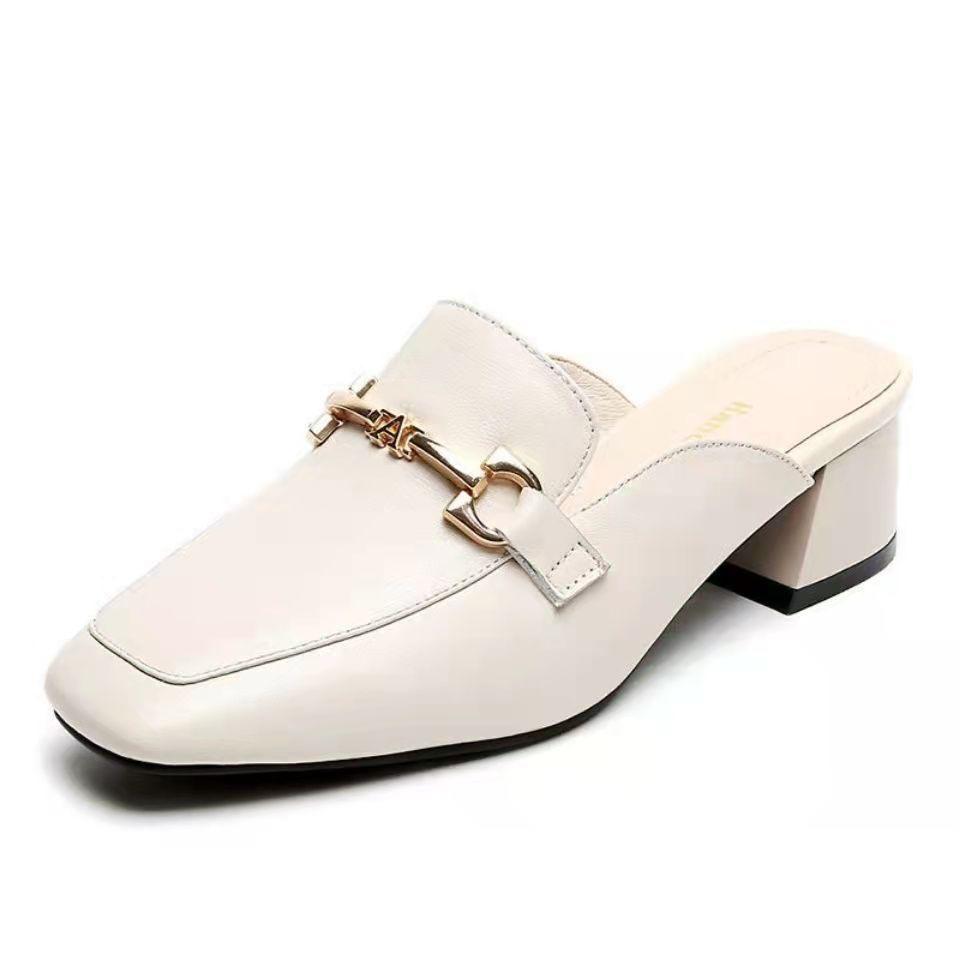 Baotou Half Slippers Women's Outer Wear 2025 Summer New Thick Heel Cool Slippers Muller Shoes Mid Heel Square Head Retro Single Shoes