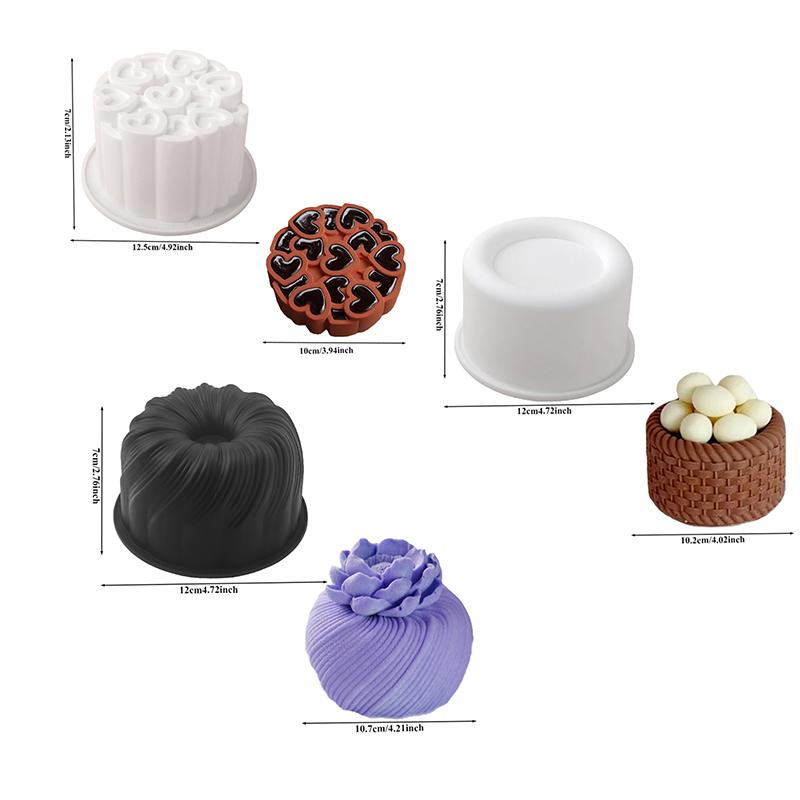 1Pc Silicone Cake Mold French Mousse Cake Mould 4 Inch Round Rotating Heart Flower Basket Coil Texture Design Kitchen Bakeware