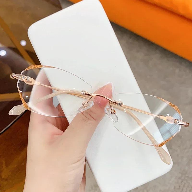 Rimless Myopia Glasses Women Ultralight Vintage Prescription Eyeglasses Shiny Diamond Leg Blue Light Blocking