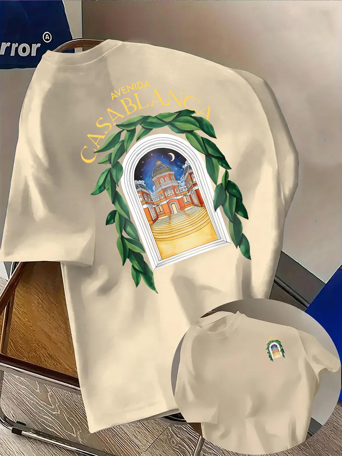 Huiteng10 Stijlvol T-shirt Ge&iuml;nspireerd op Noord-Afrika met Nachtelijke Stadsgezicht Groene Bladeren 100% Katoen Heren T-shirt Zomer Streetwear M