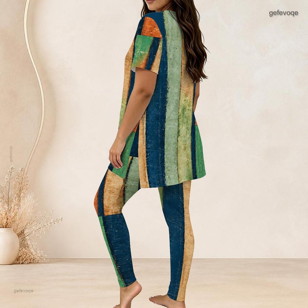 Women Plus Size Two Piece Set Round Neck Short Sleeve Printed Long Top Fitted Long Pants