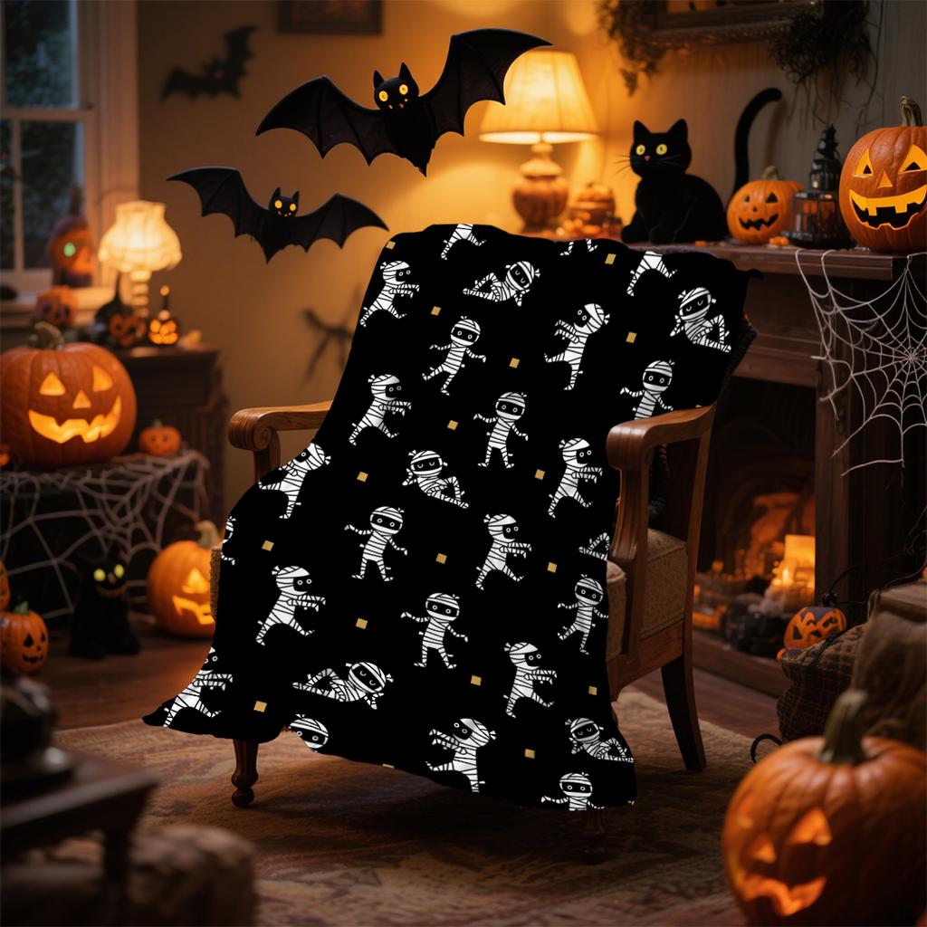 1pc Black Halloween Blanket White Ghost Print for Sofa Chair Skin-Friendly Soft Blankets 2025 New for Home Halloween Decoration