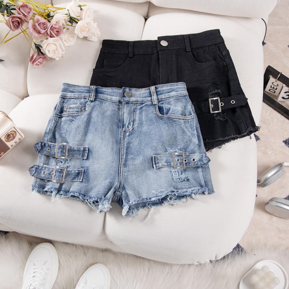 Women's High Waist High Rise Straight Leg Denim Shorts Frayed Ripped Buckle Detail Sexy Streetwear Jean Shorts