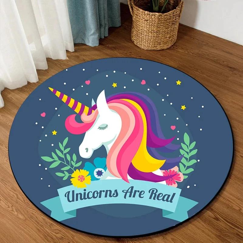 Cute Cartoon Unicorn Round Carpet Non-slip Rug for Office Living Room Bedroom Decor Soft Play Floor Mat Bathroom Kitchen Doormat