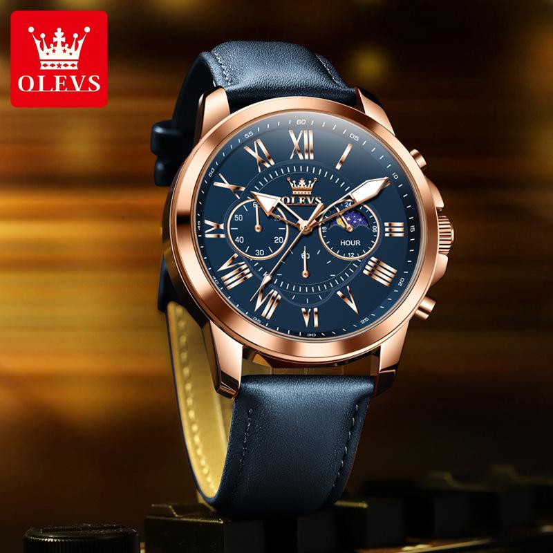 Men's Sports Timing Waterproof Luminous Moon Phase Quartz Watch Three Eye Dial Holiday Gift Business Watch