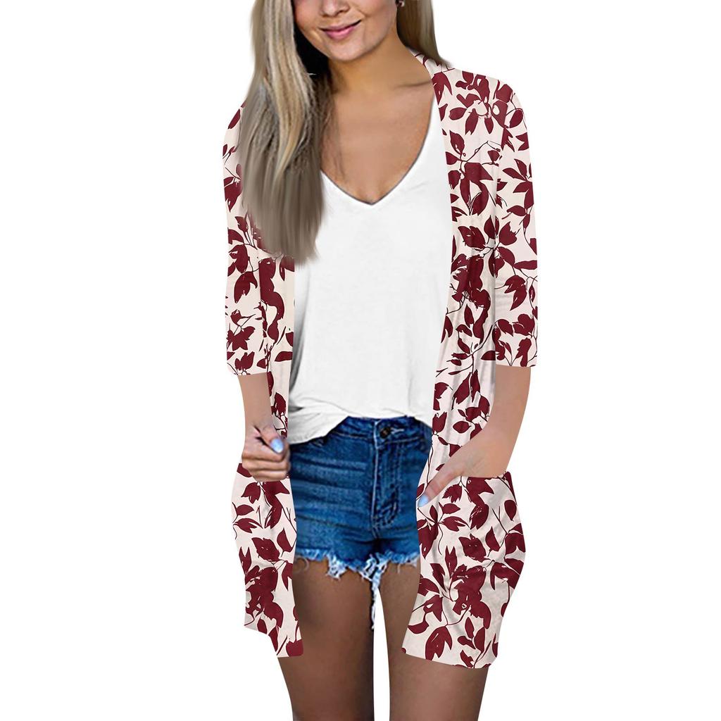 Women's Fashion Loose Casual Pocket Printed Cardigan Seven Sleeve Jacket Top