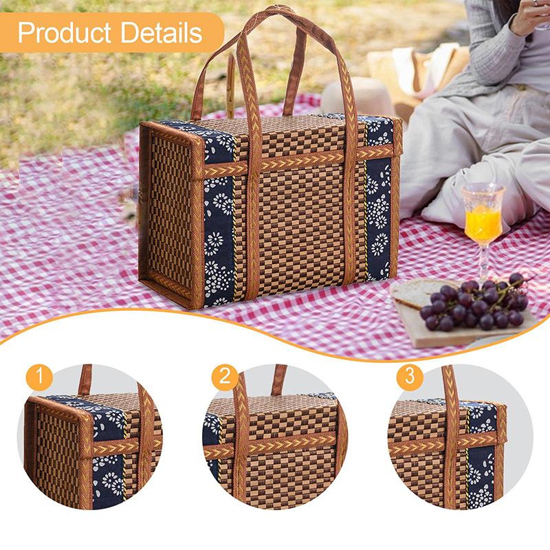 Folding Bamboo Woven Fruit Basket Handheld Handle Fruit Shopping Food Basket Picnic Food Storage Basket For Outdoor
