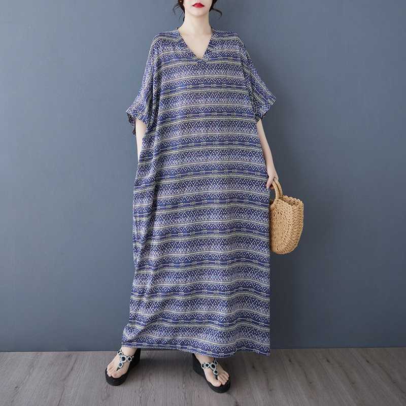 Summer Color Vacation Style Tourism V-neck Retro Long Skirt Cotton Linen Dress