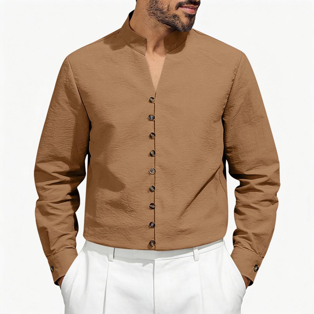 Men's Low Round Neck Tang Button Up Shirt Loose And Casual Jacket