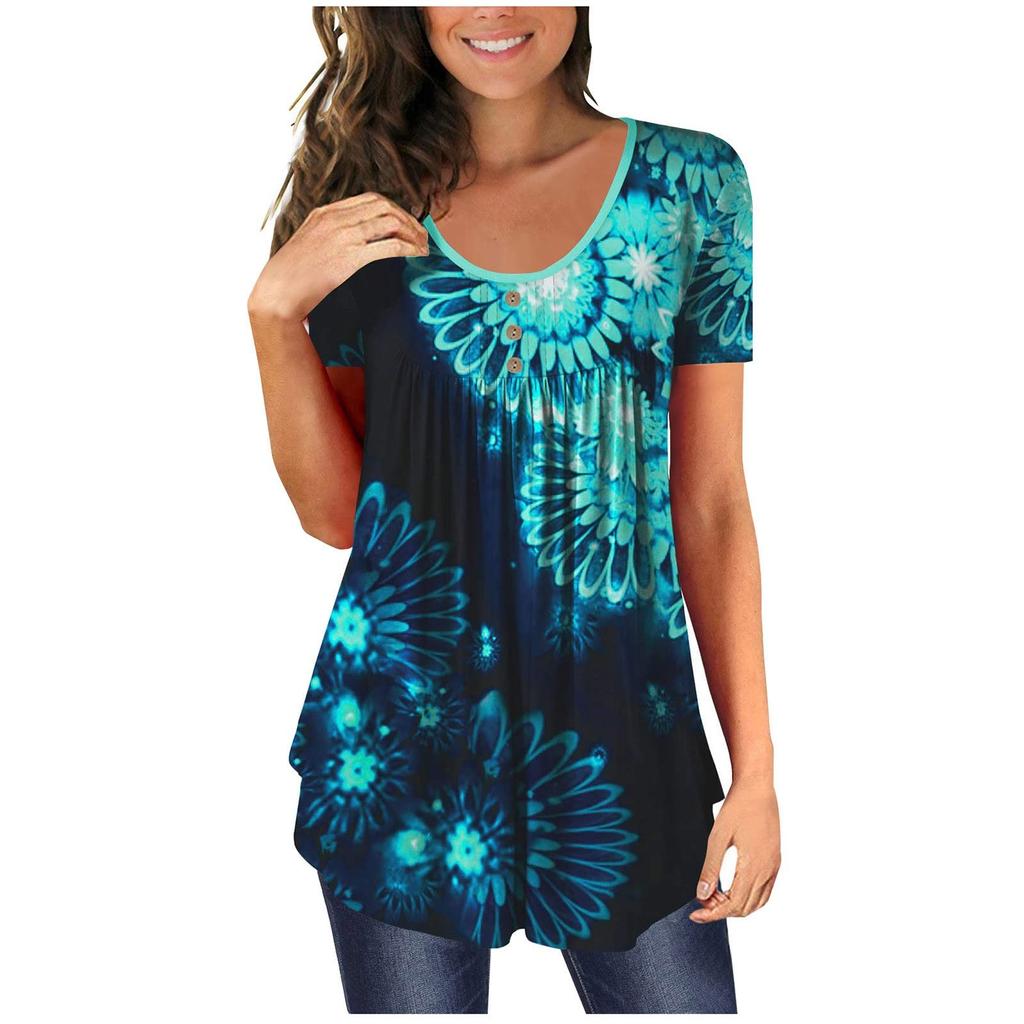 Women's Short Sleeve Tunic Loose Tops Casual Plus Size Tops Pleated Tunic Button T-Shirts