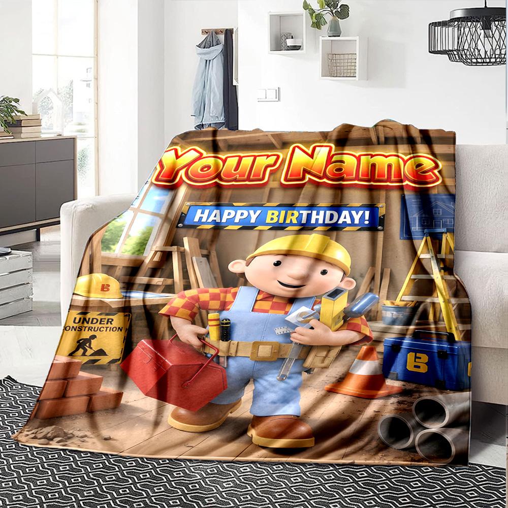 1pc Bob the Build Blanket with Custom Name, Gift, for Men and Women, Soft Blanket, Good for Sofa Bed Couch Travel, Lightweight Flannel Blanket
