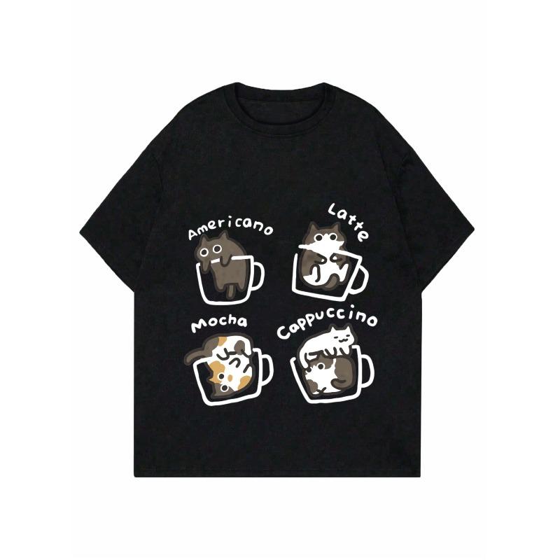 Roztomilé kočičí tričko s kávovou tématikou Černý grafický potisk s designy Americano Latte Mocha Cappuccino Pro běžné nošení a milovníky kávy