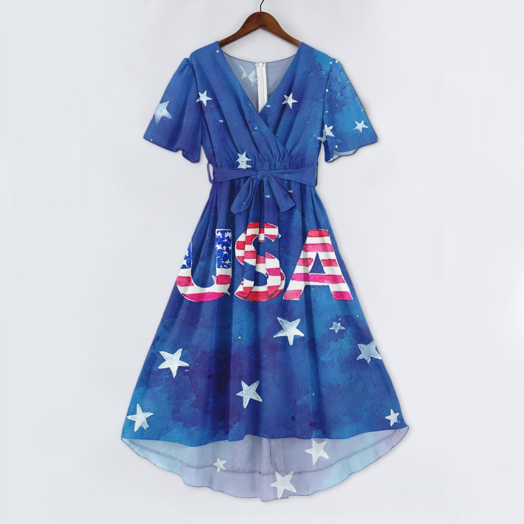 Women's Fashionable Casual V-neck Short-sleeved Independence Day Printed Dress