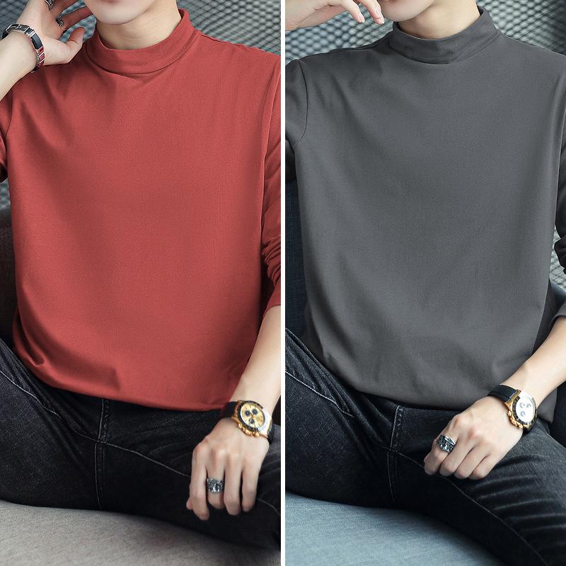 Men's Long Sleeve Cotton T-Shirt, Semi-High Neck, Solid Color Base Layer for Autumn/Winter