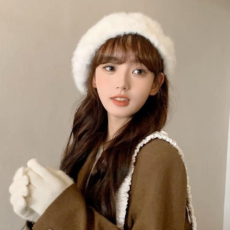 Faux Rabbit Fur Berets for Women Autumn Winter Warm Plush Painter Cap Korean Solid Color Lady Artist Hats