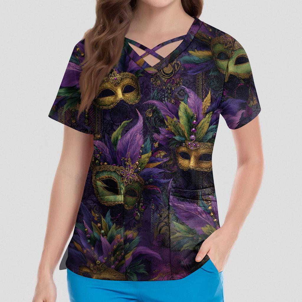Women's Short Sleeve Stagger V Neck Print Pocket Dry- Top