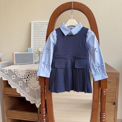 Girls' Bow Long Sleeve Shirt and Sleeveless Vest Dress for Autumn and Spring