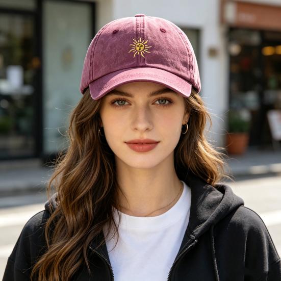 Yousheng Stickerei Sonnenmuster Baseballkappe, Verstellbare Hintere Schnalle Retro Used-Look Baseballkappe, Gewaschenes Baumwollgewebe Outdoor Sonnenschutzkappe