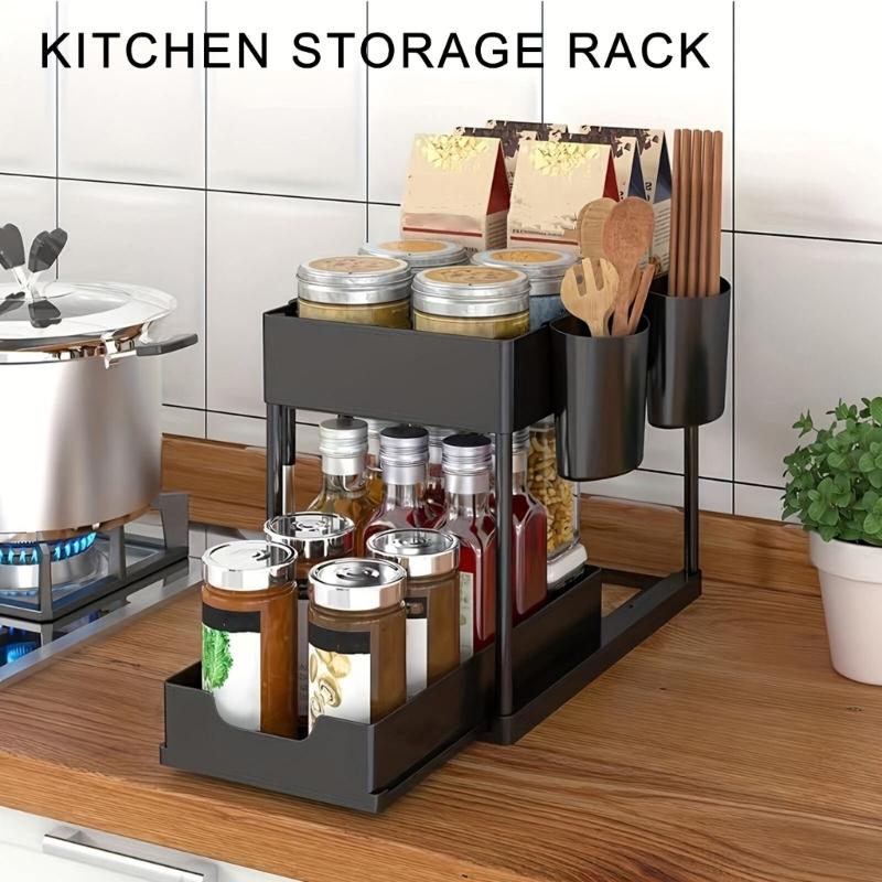 Versatile 2 Levels Under Sink Rack with Sliding Out Drawer Sturdy Spices and Dish Holder for Home Organization