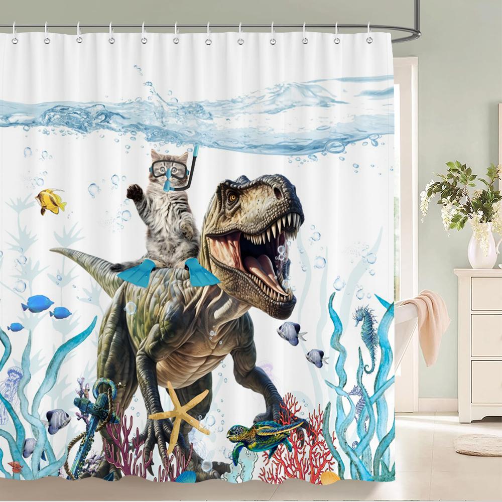 Funny Cat Shower Curtain Teal Blue Ocean Sea Turtle Seahorse Seashell Starfish Tropical Fish Nautical Bathroom Decor with Hooks
