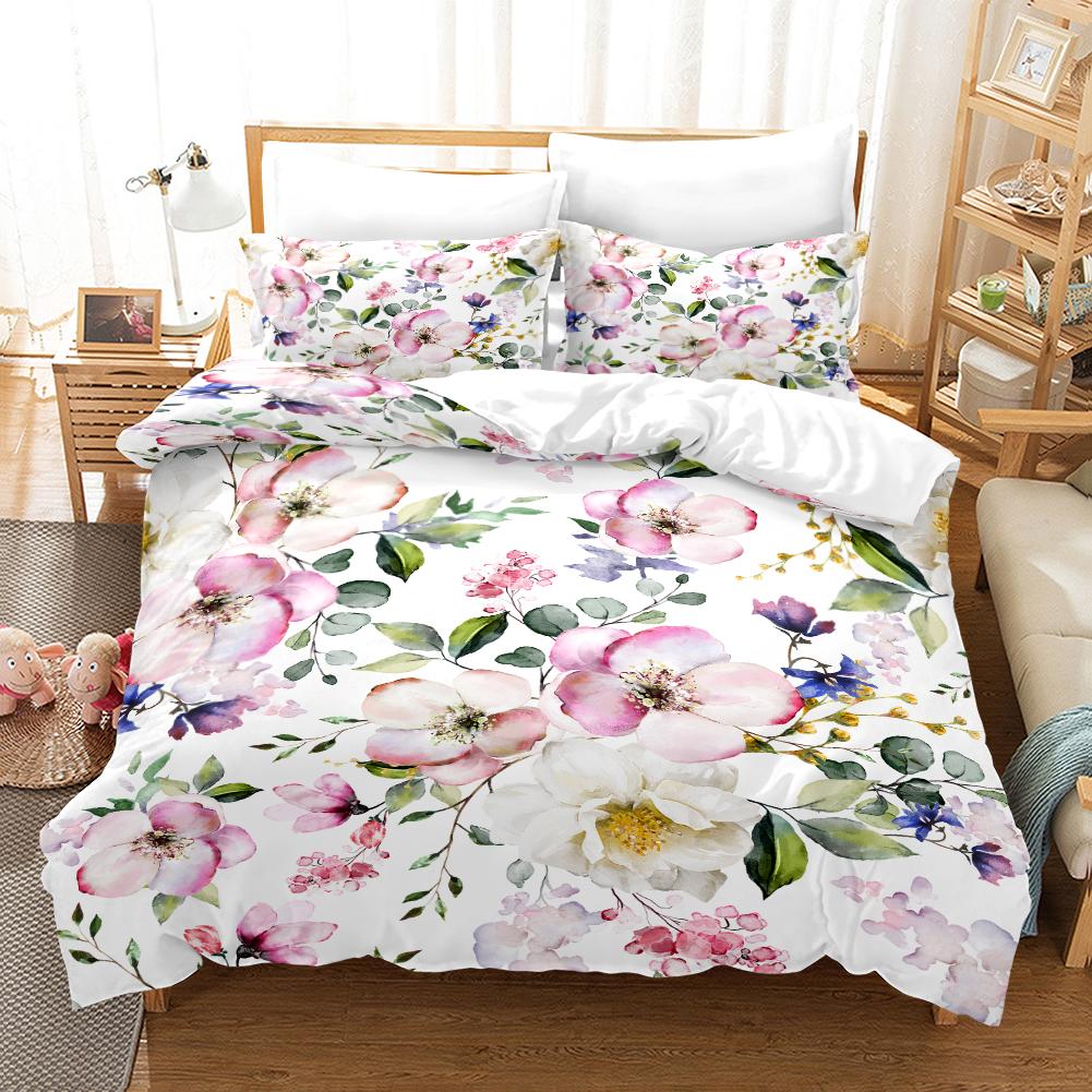 Blumenmuster - Digital bedrucktes Bettdecken-Set - Polyester - Schlafzimmerdeko - 1 Bettbezug + 2 Kissenbezüge (kein Kissenkern)