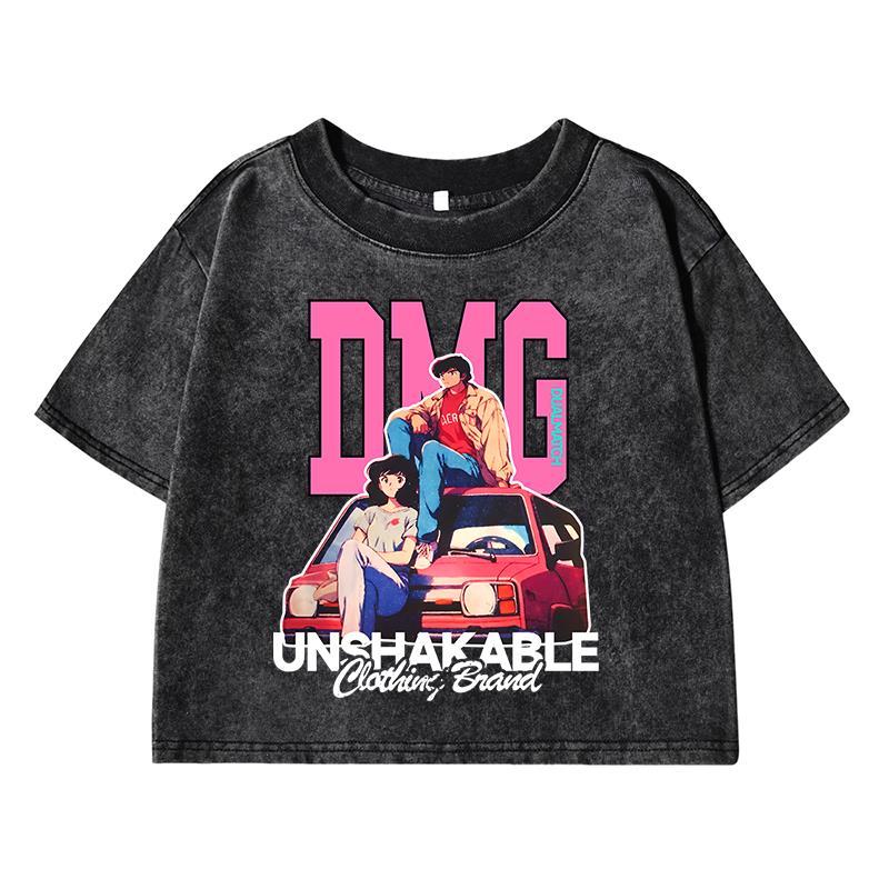 Japanese Retro Cartoon Characterprinting Female Washed Short Tshirt Breathable T Shirt Fashion Midriff-Baring Tops Women