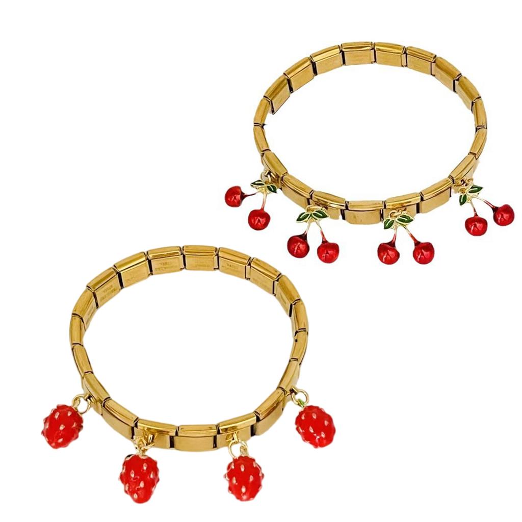 Stylish Strawberry and Cherrys Designs Stainless Steel Bracelet for Trendy Women and Teens With Adjustable Fit