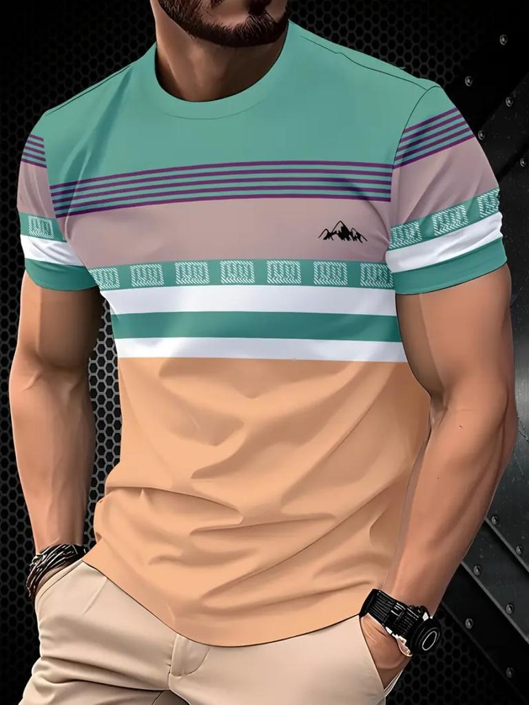 Classic Stripe Print Men's T-shirt Outdoor Round Neck Short Sleeve Top Street Loose T-Shirt Male Oversized Clothing