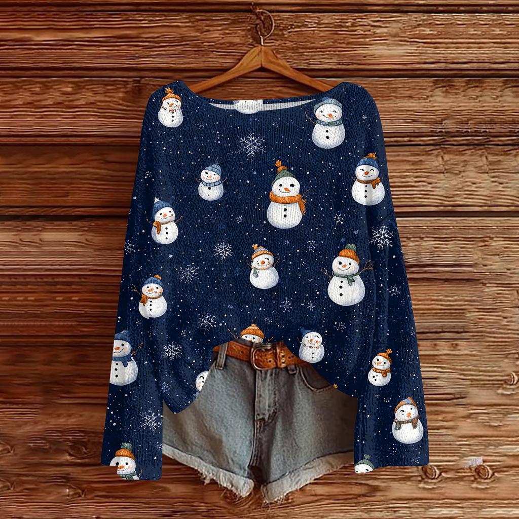 Women's Casual Fashion Round Neck Top Christmas Print Long Sleeve Knit Pullover